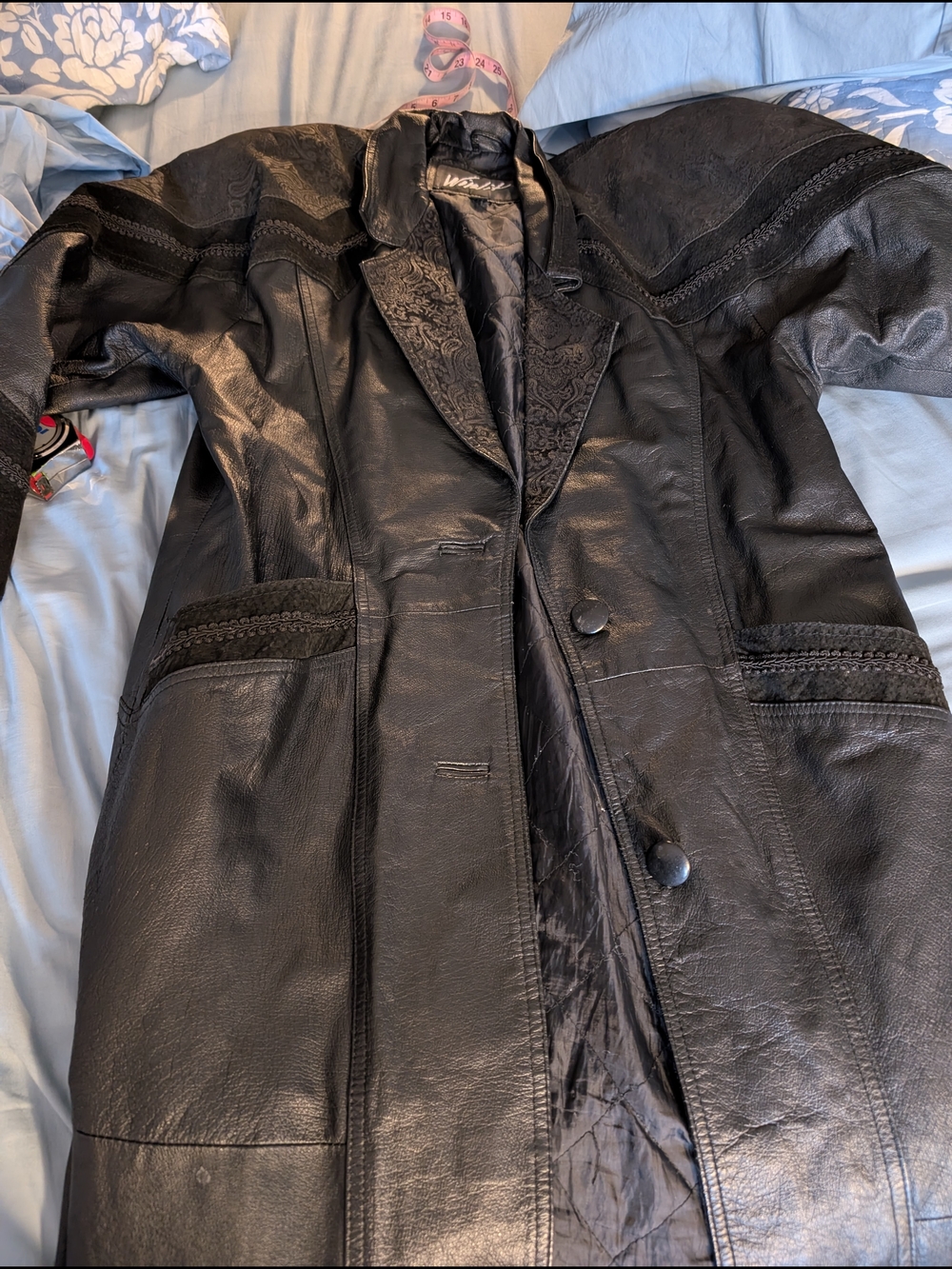 Women's Vintage Black Leather Coat with Decorative Trim